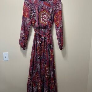 Tahari Paisley Long Sleeve Maxi Dress in Red and Purple